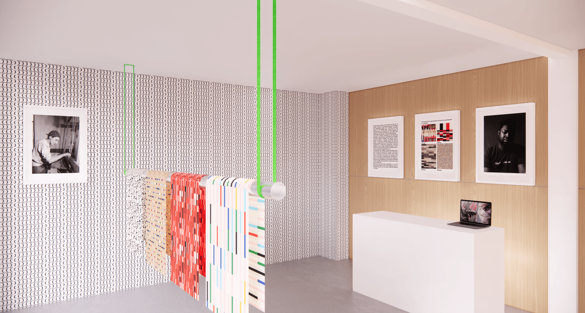 3D rendering of a gallery interior with patterned walls and colorful hanging panels