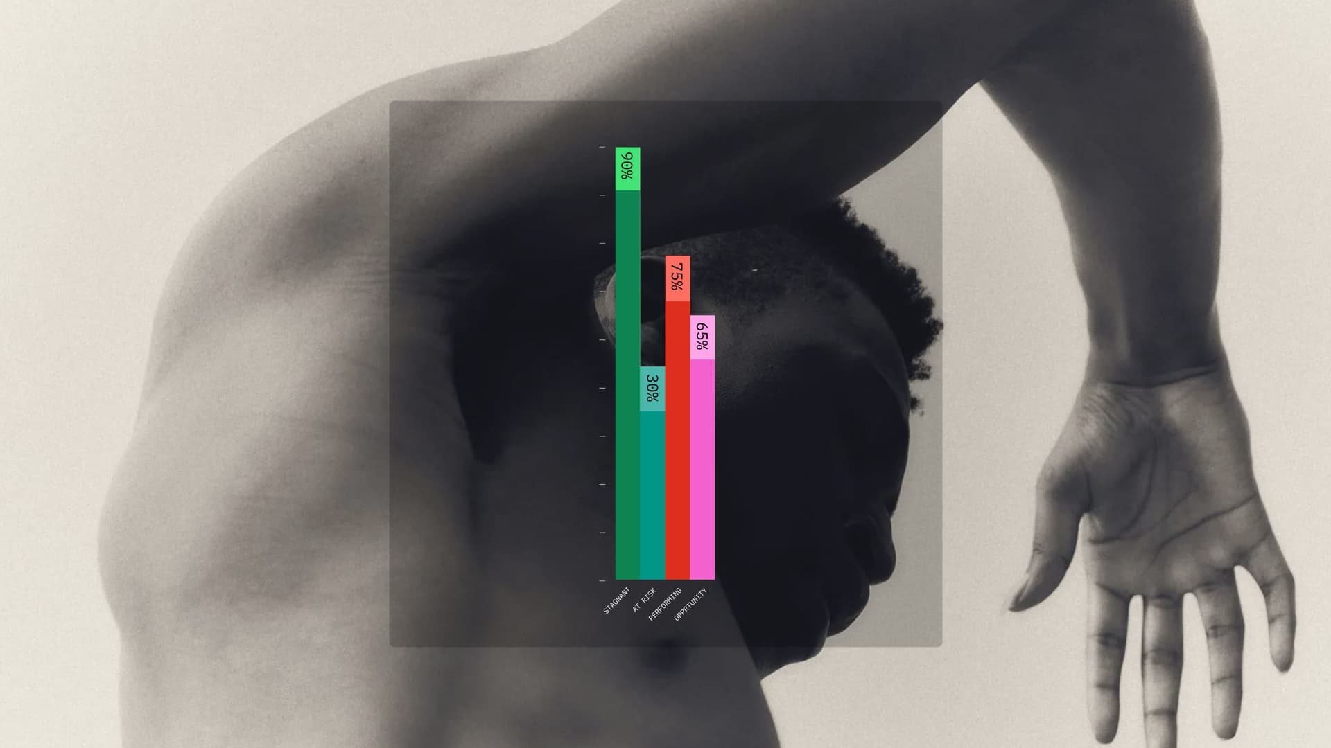 Black and white photograph of a bent human figure with a colorful data chart overlay showing product performance metrics.