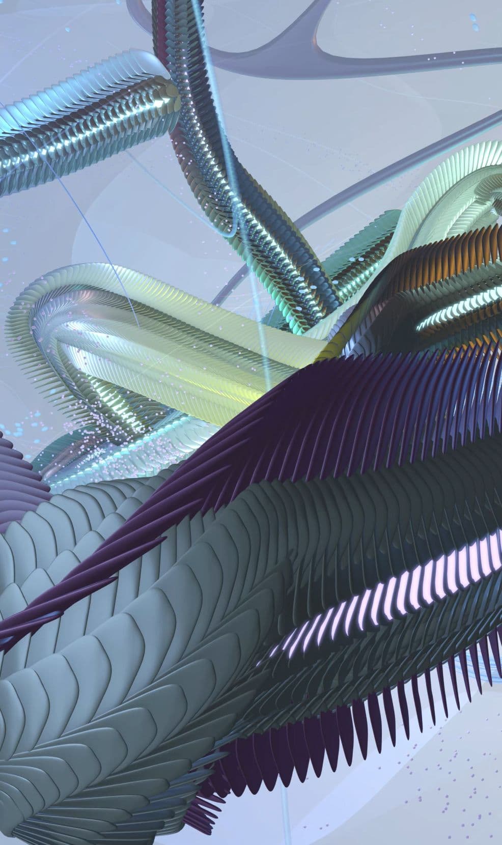 Close-up 3D render of intertwined ribbed organic structures in teal and purple