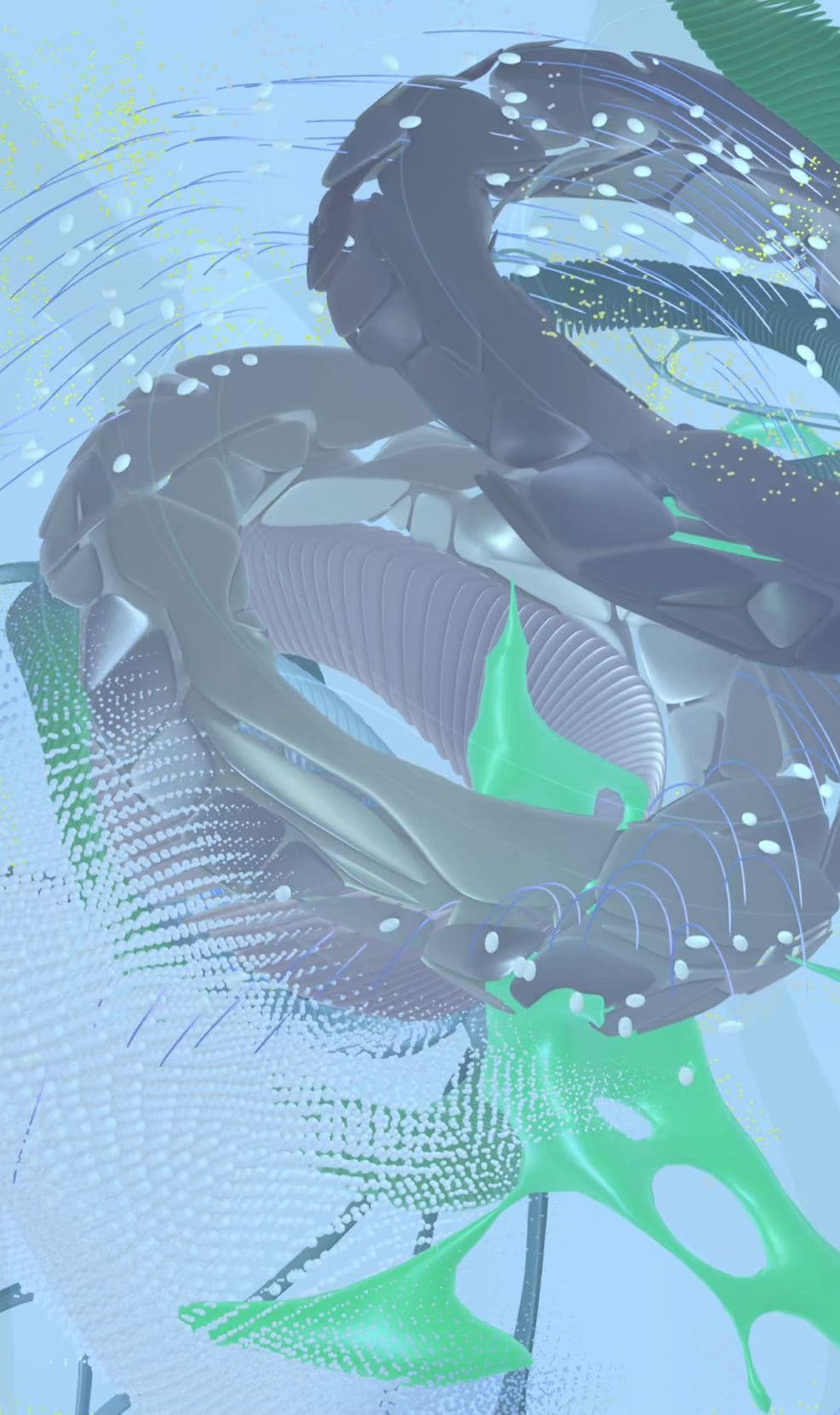 Abstract 3D sculpture of gray and green organic forms with particle effects