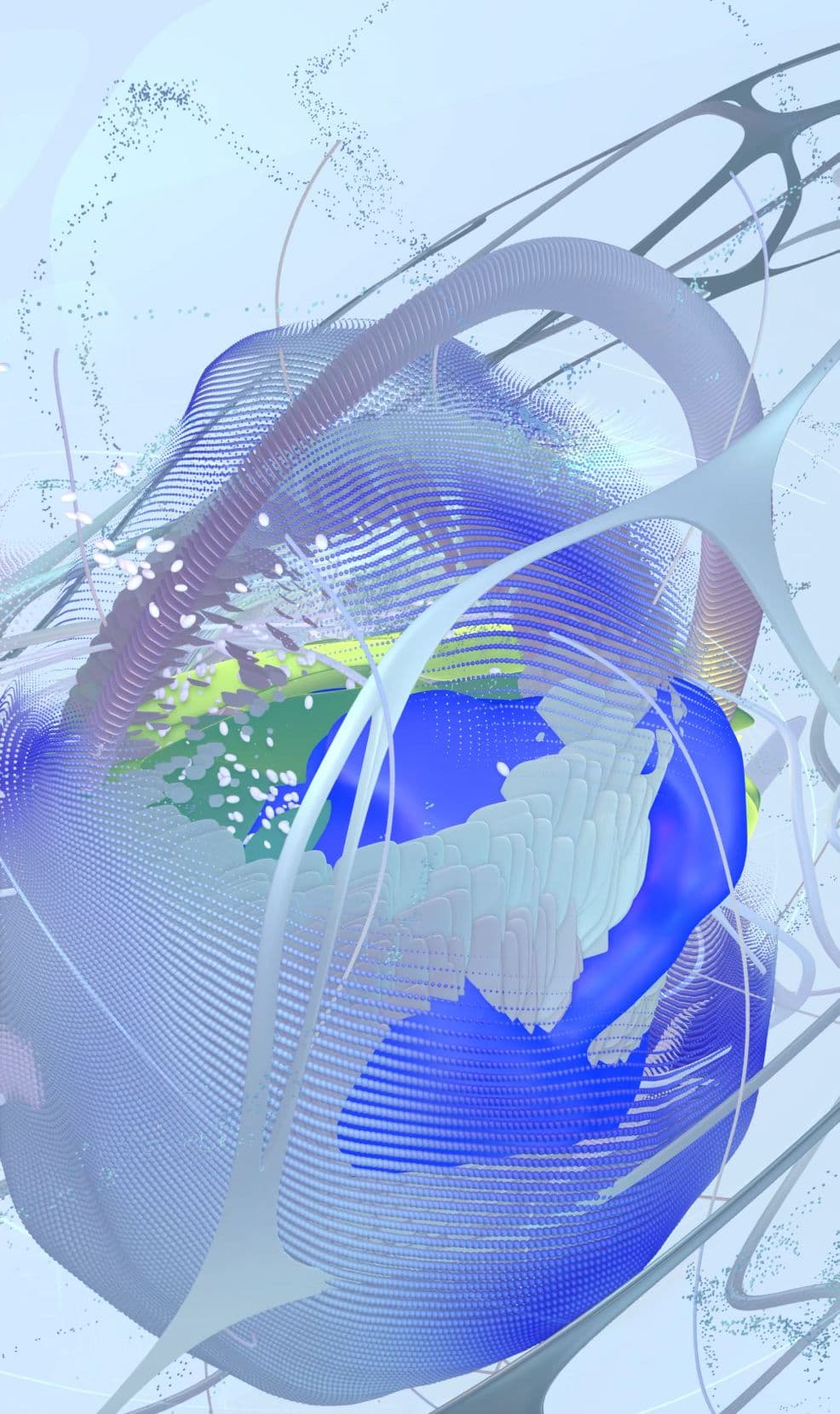Abstract 3D composition of swirling translucent blue ribbons around a bright core