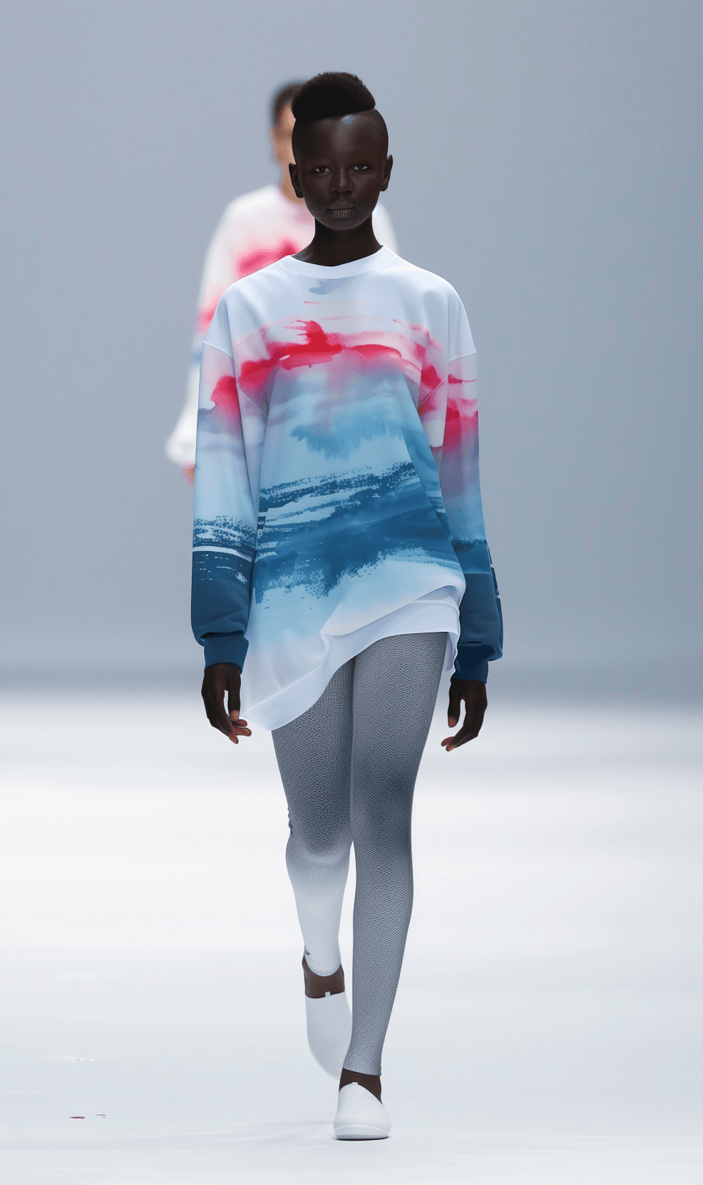 Fashion model on runway wearing an oversized watercolor-print sweatshirt